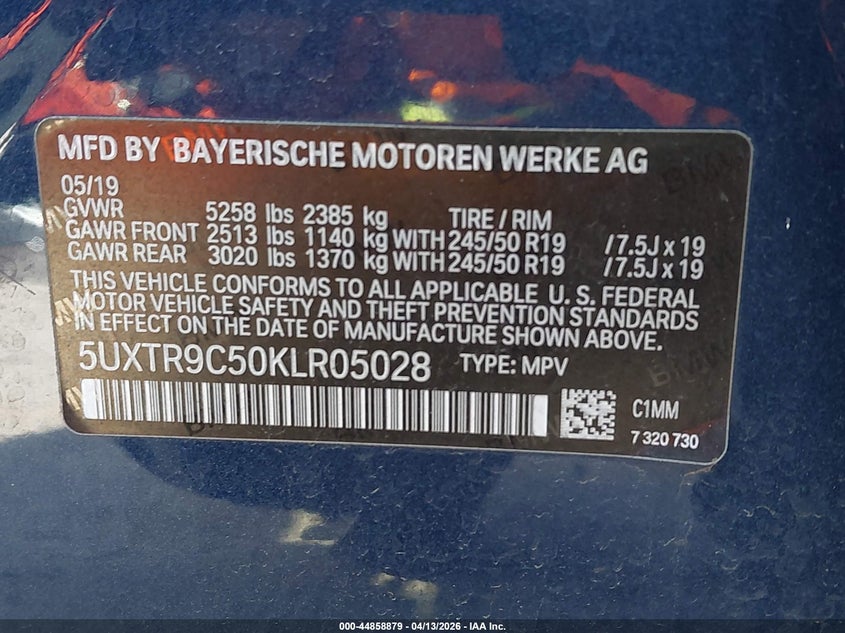 BMW X3 2019 VIN 5UXTR9C50KLR05028