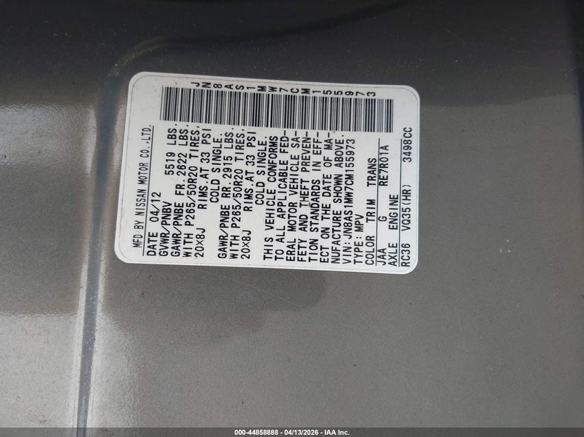 2012 Infiniti Fx35 VIN: JN8AS1MW7CM155973 Lot: 44858888