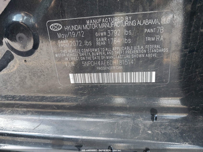 2013 Hyundai Elantra Limited VIN: 5NPDH4AE6DH181514 Lot: 44858892