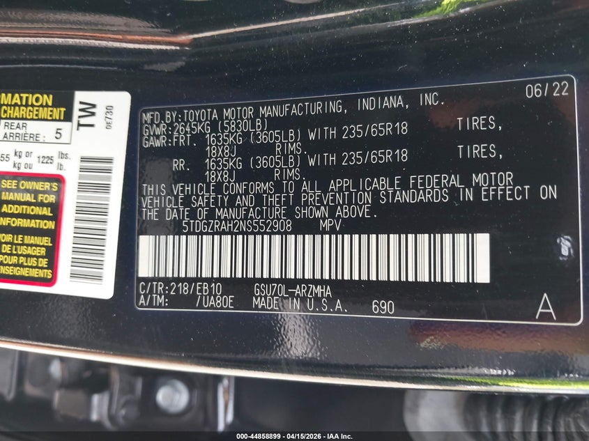 2022 Toyota Highlander Xle VIN: 5TDGZRAH2NS552908 Lot: 44858899