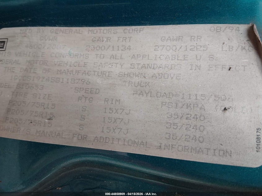 1995 Chevrolet S Truck S10 VIN: 1GCCS19Z4S8118796 Lot: 44858909