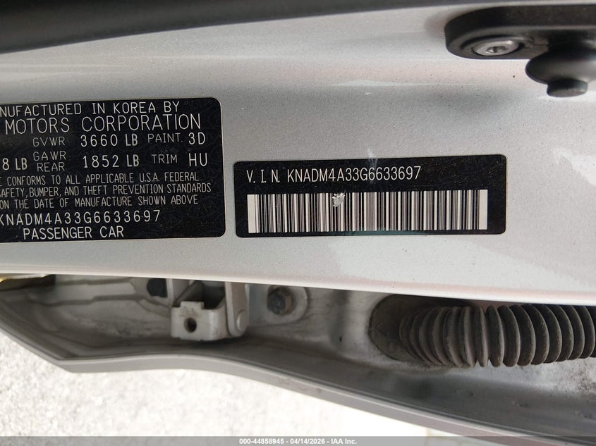 2016 Kia Rio Lx VIN: KNADM4A33G6633697 Lot: 44858945