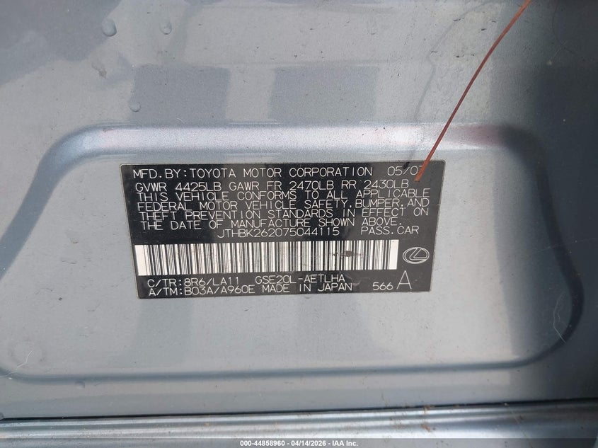 2007 Lexus Is 250 VIN: JTHBK262075044115 Lot: 44858960