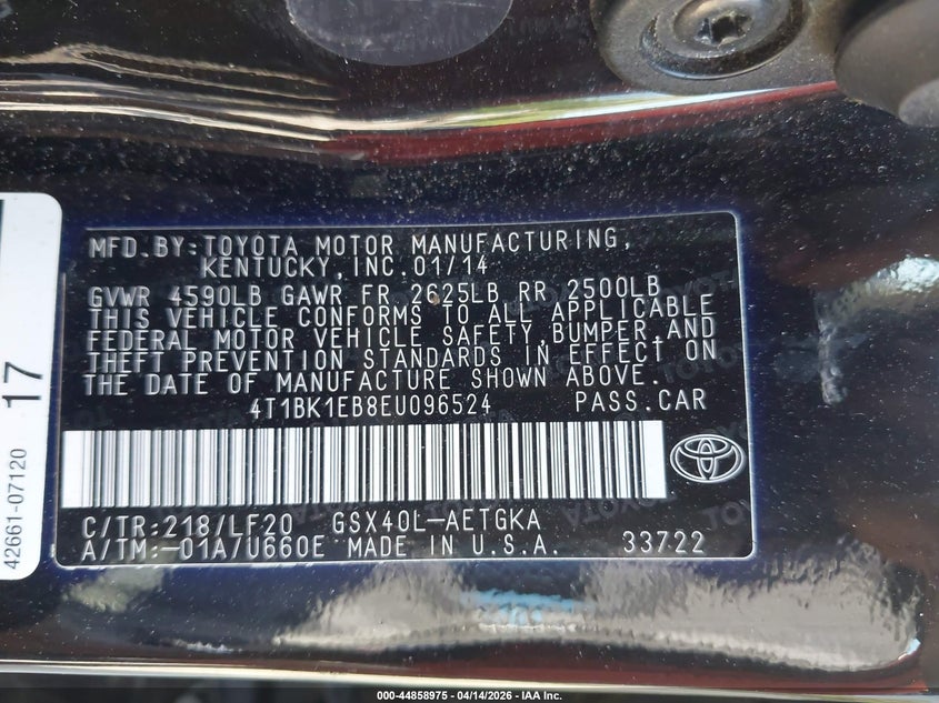 2014 Toyota Avalon Xle Premium VIN: 4T1BK1EB8EU096524 Lot: 44858975