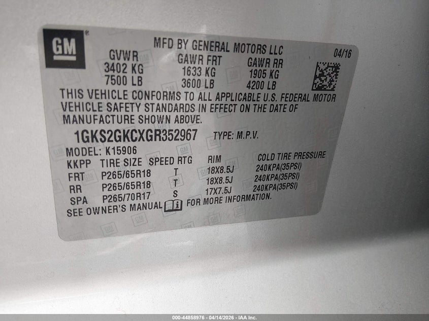 2016 GMC Yukon Xl Slt VIN: 1GKS2GKCXGR352967 Lot: 44858976