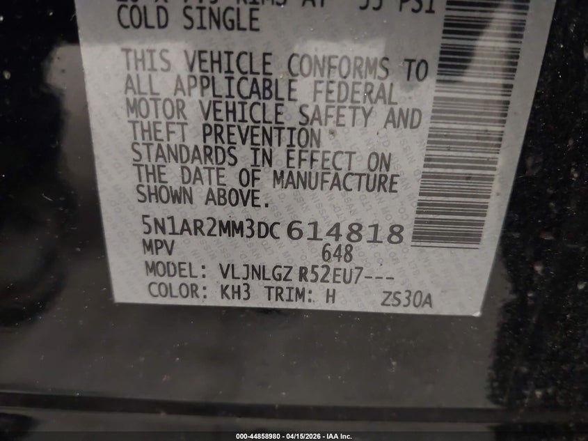 2013 Nissan Pathfinder Sl VIN: 5N1AR2MM3DC614818 Lot: 44858980