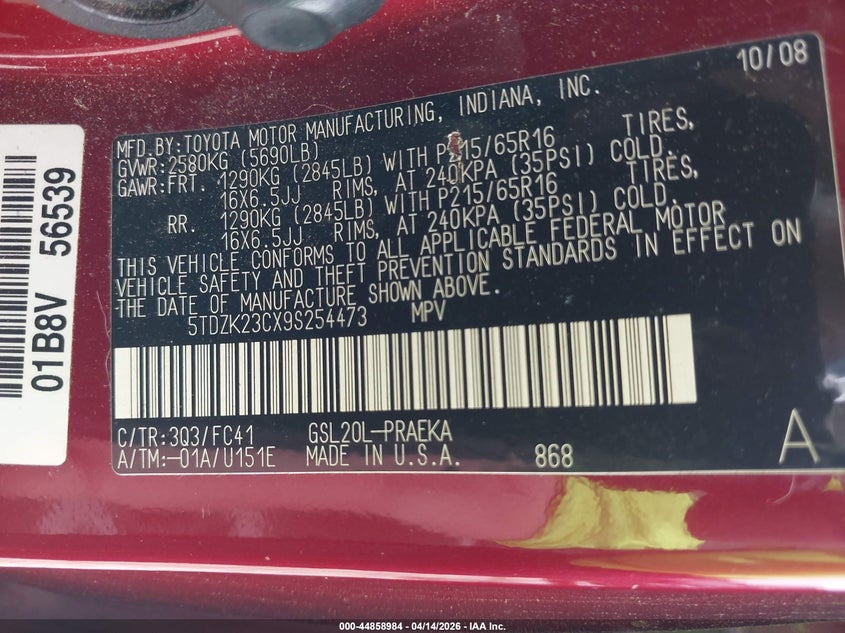 2009 Toyota Sienna Le VIN: 5TDZK23CX9S254473 Lot: 44858984