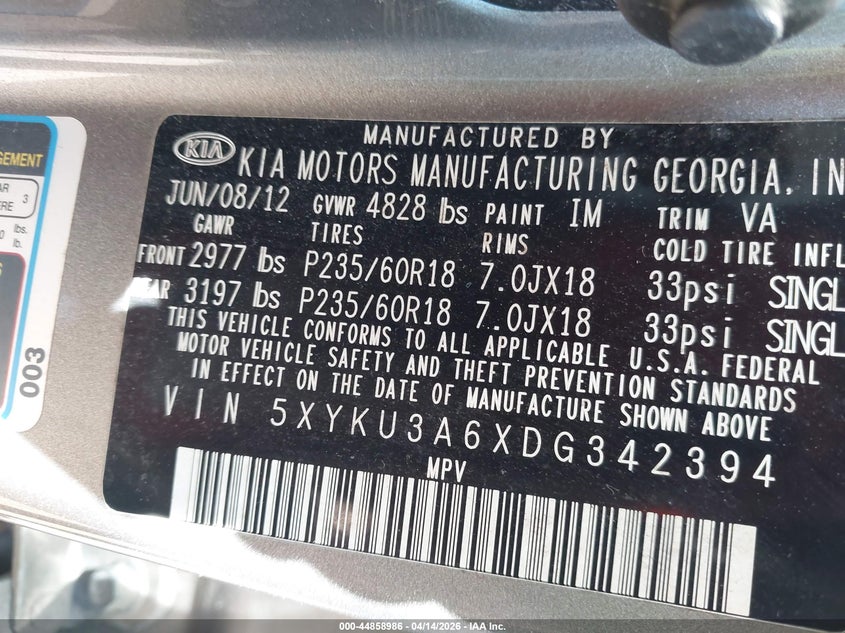 2013 Kia Sorento Ex VIN: 5XYKU3A6XDG342394 Lot: 44858986