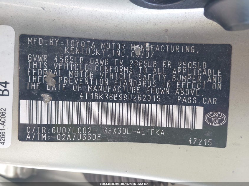 2008 Toyota Avalon Limited VIN: 4T1BK36B98U262015 Lot: 44858989