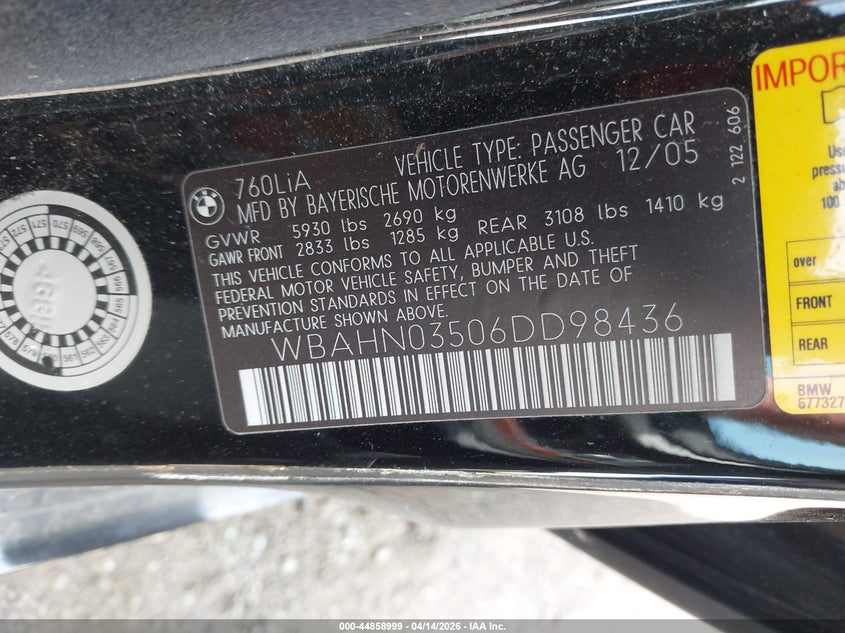 2006 BMW 760Li VIN: WBAHN03506DD98436 Lot: 44858999