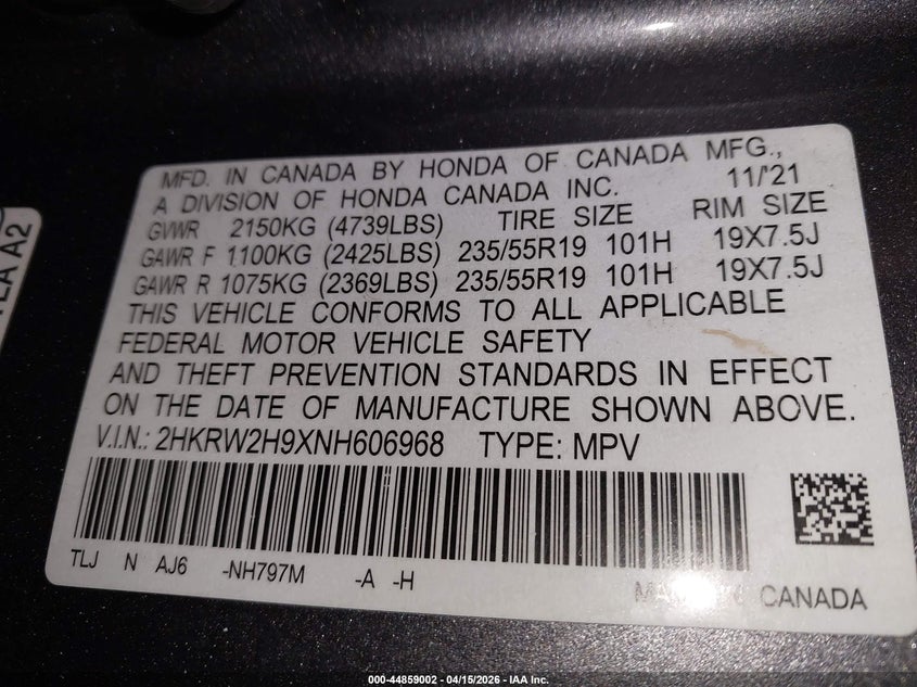 2022 Honda Cr-V Awd Touring VIN: 2HKRW2H9XNH606968 Lot: 44859002