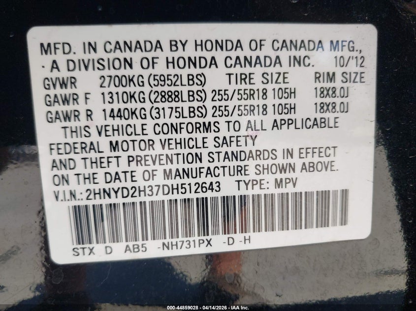 2013 Acura Mdx Technology Package VIN: 2HNYD2H37DH512643 Lot: 44859028