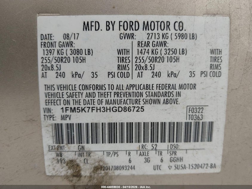 2017 Ford Explorer Limited VIN: 1FM5K7FH3HGD86725 Lot: 44859030