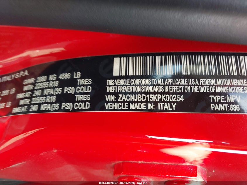 2019 Jeep Renegade Limited 4X4 VIN: ZACNJBD15KPK00254 Lot: 44859057