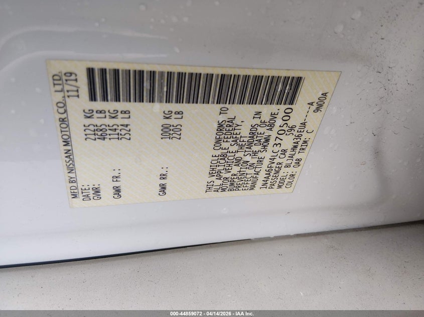 2020 Nissan Maxima Platinum Xtronic Cvt VIN: 1N4AA6FV4LC370500 Lot: 44859072