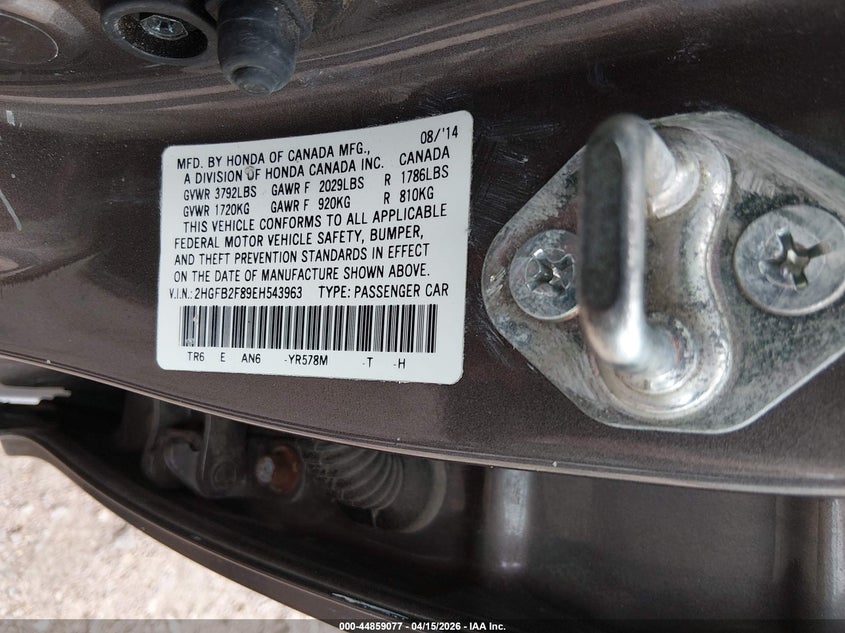 2014 Honda Civic Ex VIN: 2HGFB2F89EH543963 Lot: 44859077