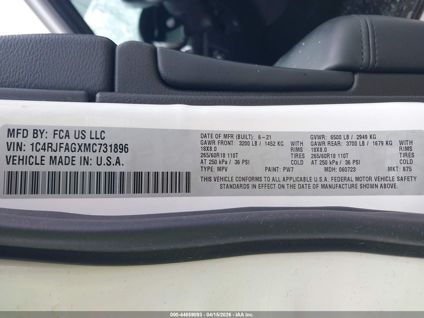2021 Jeep Grand Cherokee Laredo E 4X4 VIN: 1C4RJFAGXMC731896 Lot: 44859093