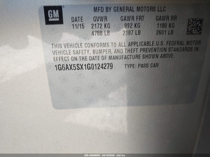 CADILLAC CTS 2016 VIN 1G6AX5SX1G0124279