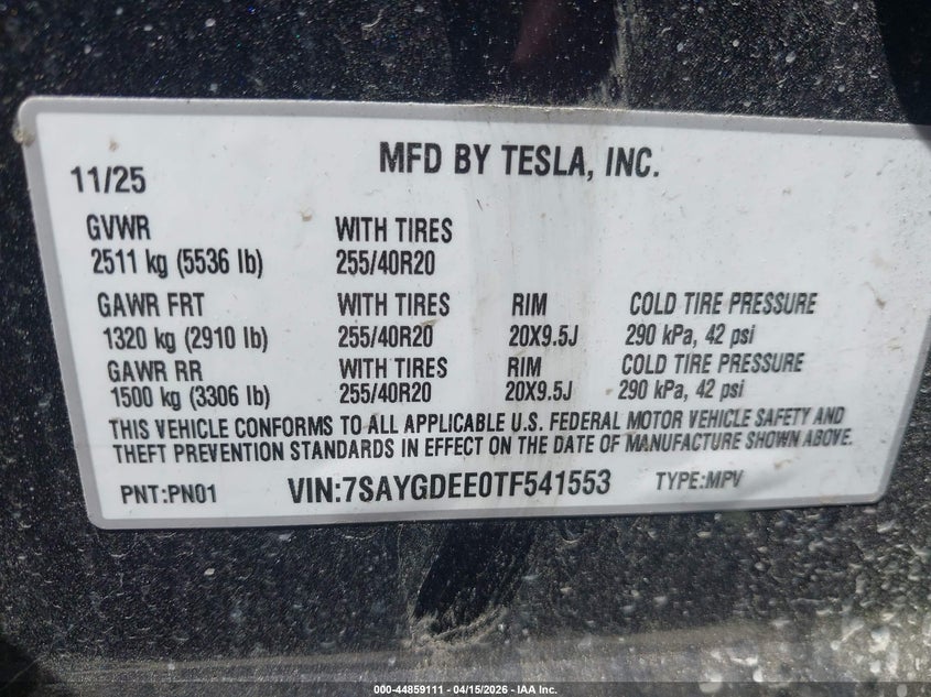 2026 Tesla Model Y All-Wheel Drive/Long Range Launch Series/Premium All-Wheel Drive VIN: 7SAYGDEE0TF541553 Lot: 44859111
