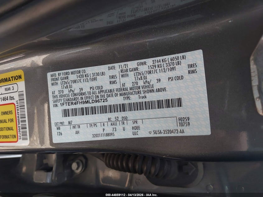 2021 Ford Ranger Xlt VIN: 1FTER4FH9MLD96725 Lot: 44859112