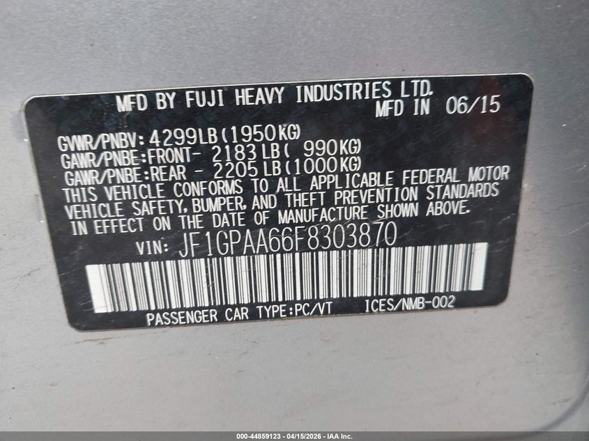2015 Subaru Impreza 2.0I VIN: JF1GPAA66F8303870 Lot: 44859123