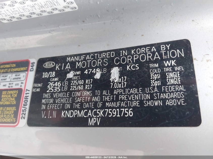VIN KNDPMCAC5K7591756 2019 KIA SPORTAGE LX