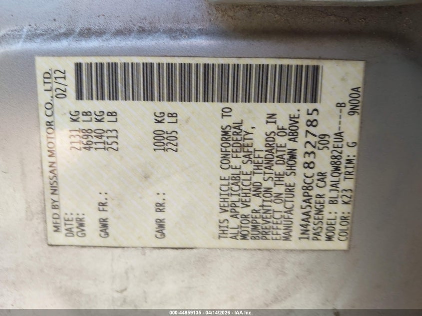 2012 Nissan Maxima 3.5 S VIN: 1N4AA5AP8CC832785 Lot: 44859135