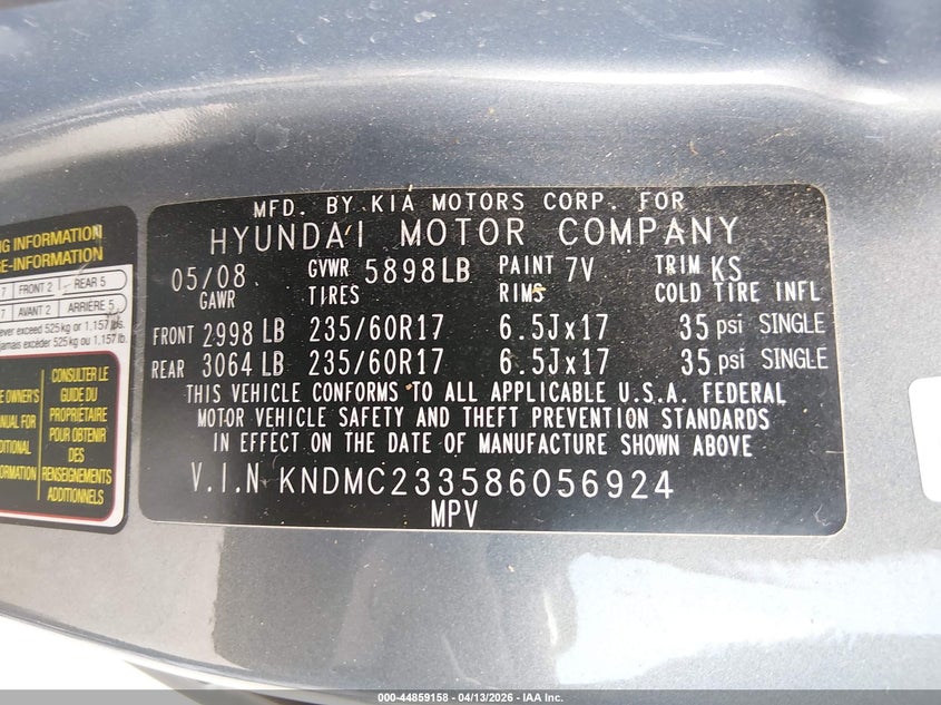 2008 Hyundai Entourage Gls/Limited VIN: KNDMC233586056924 Lot: 44859158