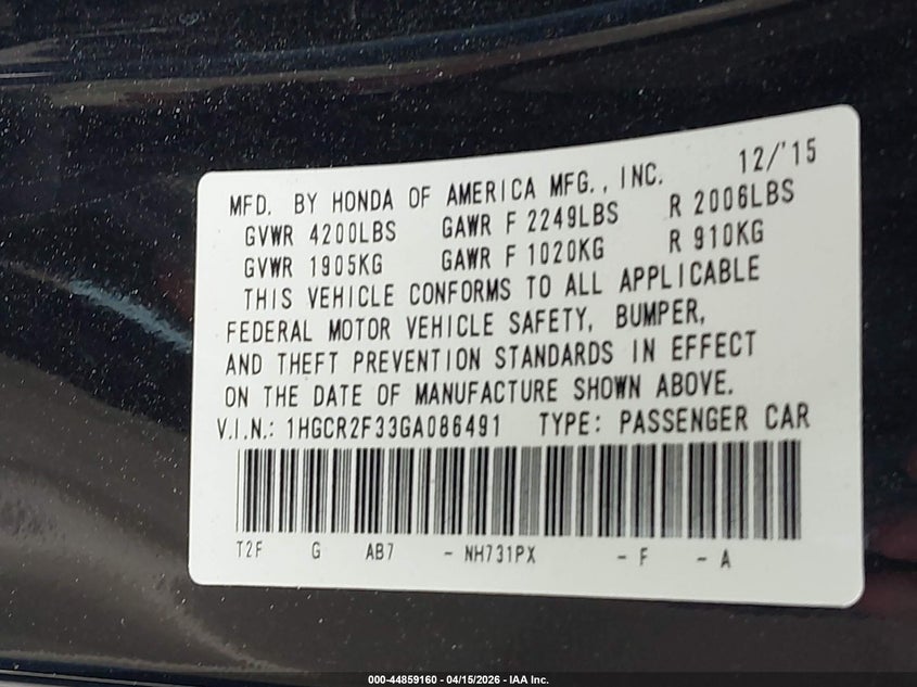 2016 Honda Accord Lx VIN: 1HGCR2F33GA086491 Lot: 44859160