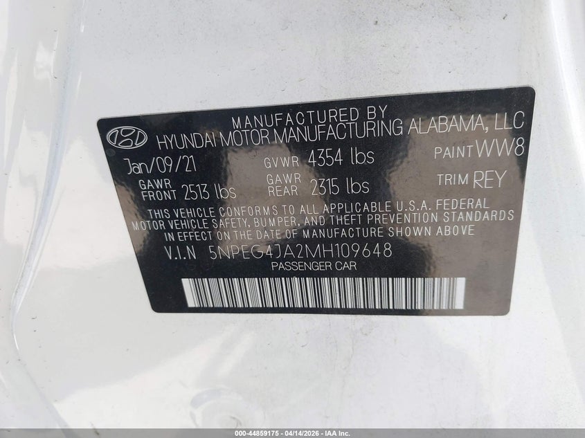 2021 Hyundai Sonata Se VIN: 5NPEG4JA2MH109648 Lot: 44859175