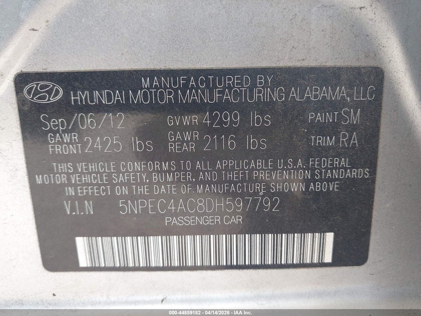 2013 Hyundai Sonata Limited VIN: 5NPEC4AC8DH597792 Lot: 44859182