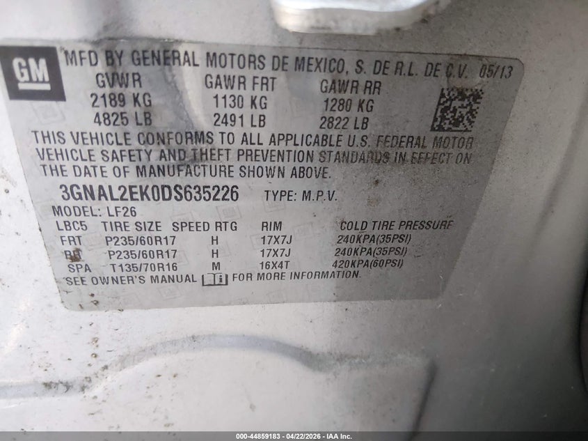 2013 Chevrolet Captiva Sport 2Ls VIN: 3GNAL2EK0DS635226 Lot: 44859183