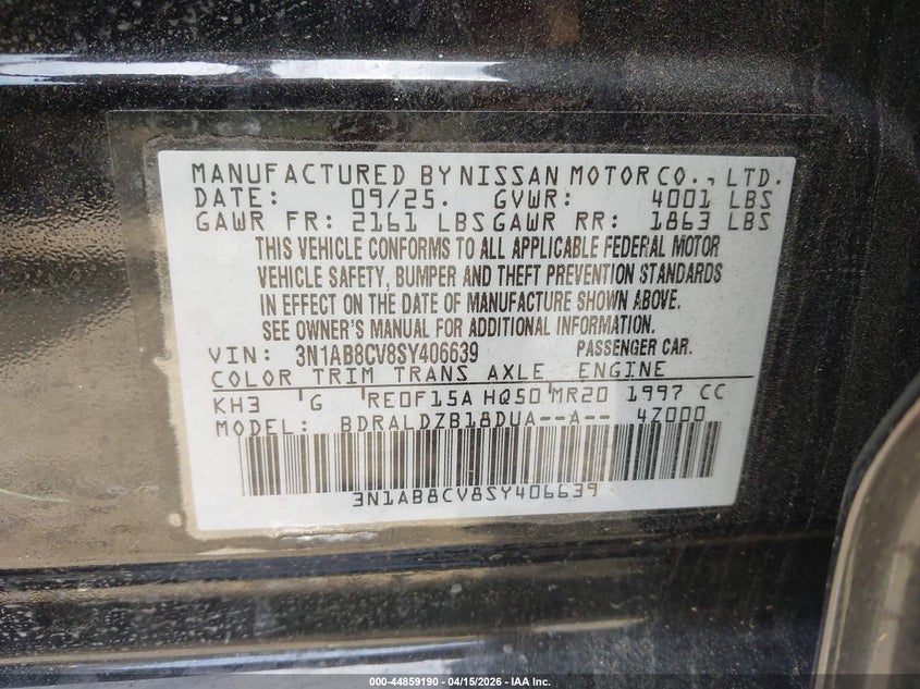 2025 Nissan Sentra Sv VIN: 3N1AB8CV8SY406639 Lot: 44859190