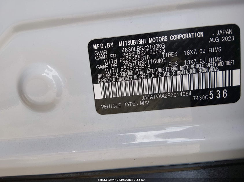 2024 Mitsubishi Eclipse Cross Le S-Awc VIN: JA4ATVAA2RZ014064 Lot: 44859215