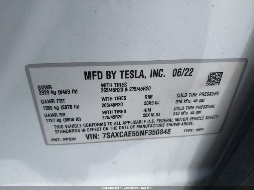 2022 Tesla Model X Dual Motor All-Wheel Drive VIN: 7SAXCAE55NF350848 Lot: 44859217