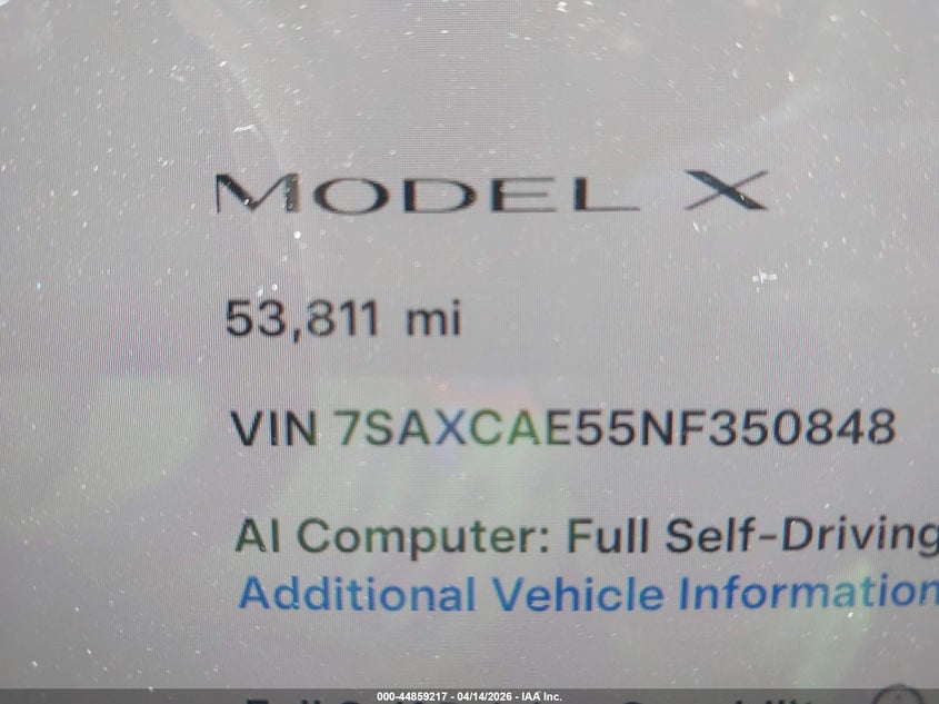 2022 Tesla Model X Dual Motor All-Wheel Drive VIN: 7SAXCAE55NF350848 Lot: 44859217