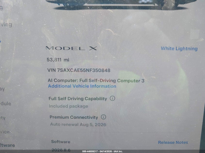 2022 Tesla Model X Dual Motor All-Wheel Drive VIN: 7SAXCAE55NF350848 Lot: 44859217