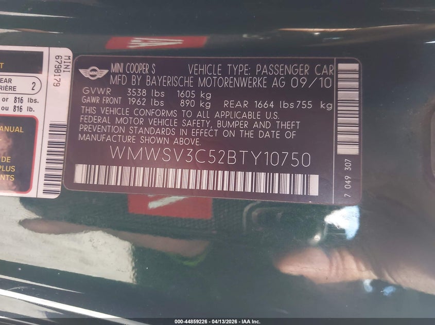 2011 Mini Cooper S VIN: WMWSV3C52BTY10750 Lot: 44859226