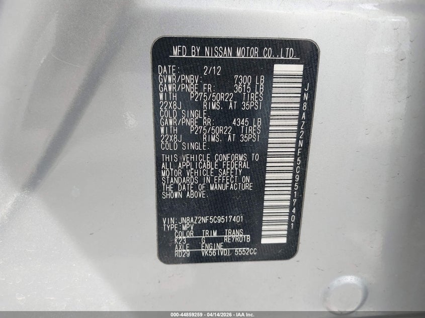 2012 Infiniti Qx56 VIN: JN8AZ2NF5C9517401 Lot: 44859259