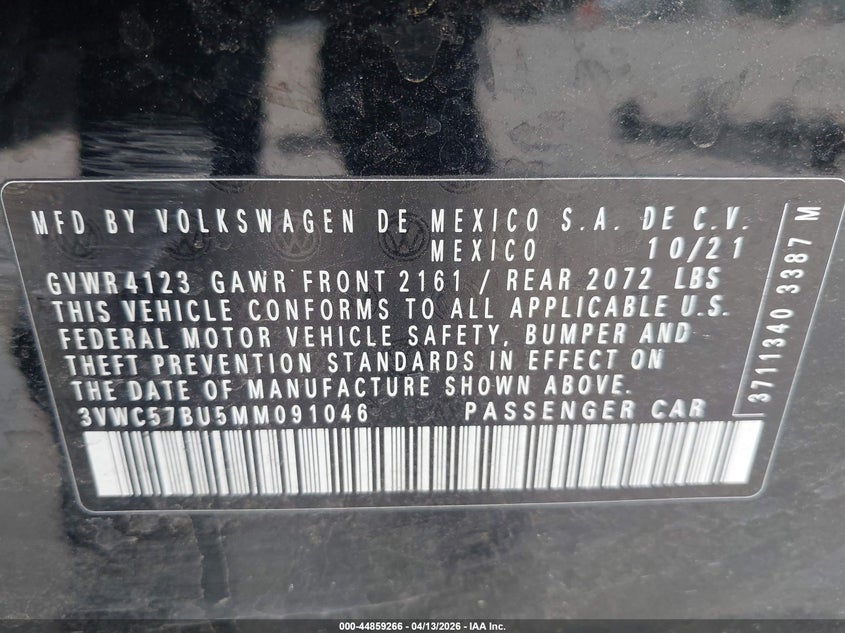 2021 Volkswagen Jetta 1.4T R-Line/1.4T S/1.4T Se VIN: 3VWC57BU5MM091046 Lot: 44859266