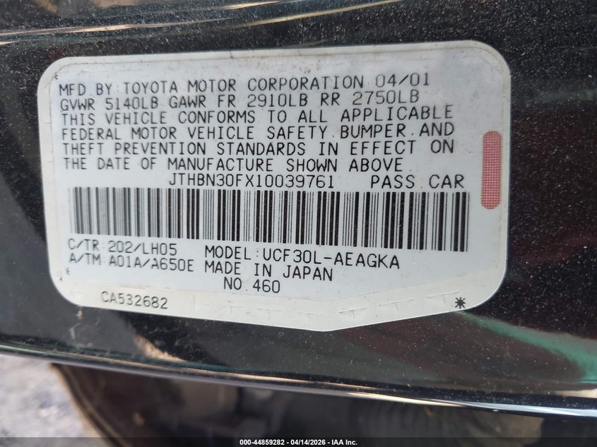 2001 Lexus Ls 430 VIN: JTHBN30FX10039761 Lot: 44859282