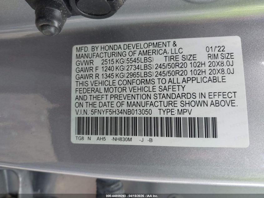 2022 Honda Pilot 2Wd Sport VIN: 5FNYF5H34NB013050 Lot: 44859293