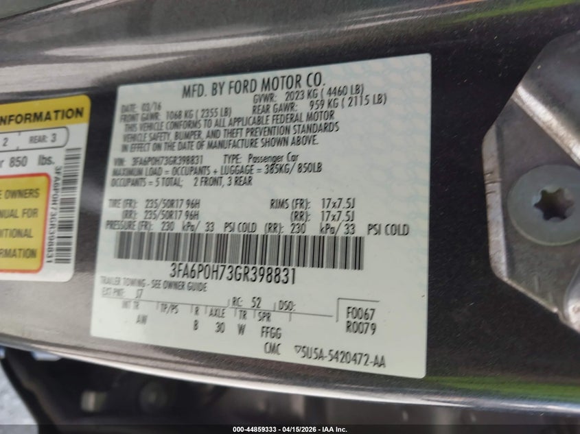 2016 Ford Fusion Se VIN: 3FA6P0H73GR398831 Lot: 44859333