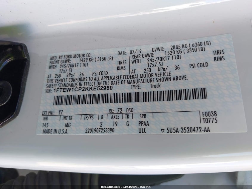 2019 Ford F-150 Xlt VIN: 1FTEW1CP2KKE52980 Lot: 44859390