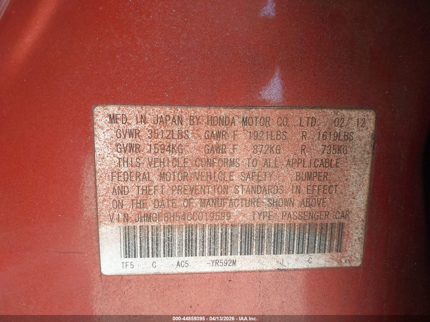 2012 Honda Fit Sport VIN: JHMGE8H54CC019599 Lot: 44859395