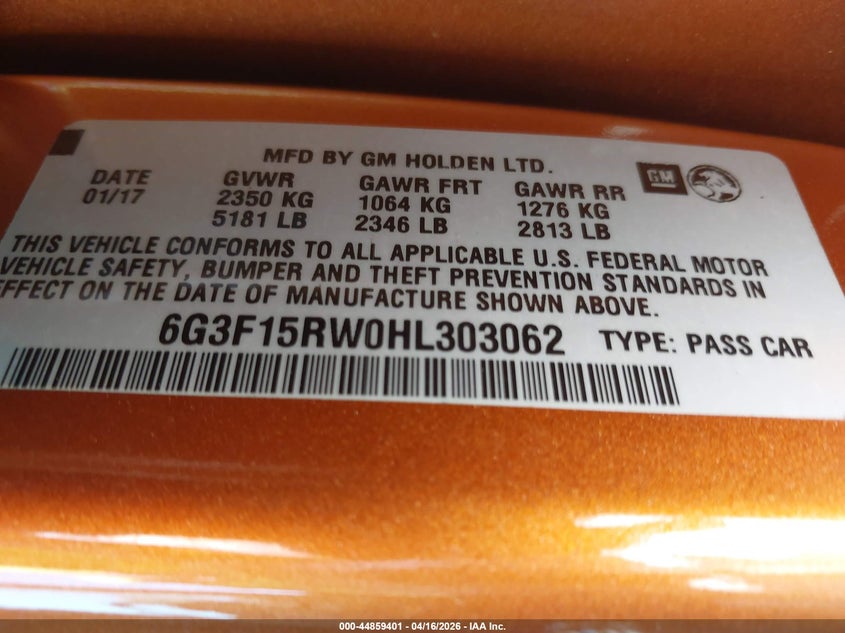 2017 Chevrolet Ss 6.2 orange Lot 111044859401 Vin 6G3F15RW0HL303062