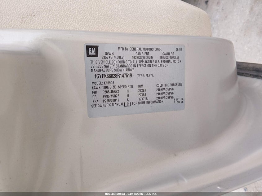 2008 Cadillac Escalade Esv Standard VIN: 1GYFK66828R147619 Lot: 44859403