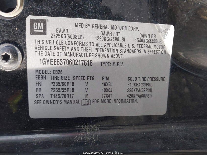 2006 Cadillac Srx V6 VIN: 1GYEE637060217618 Lot: 44859437