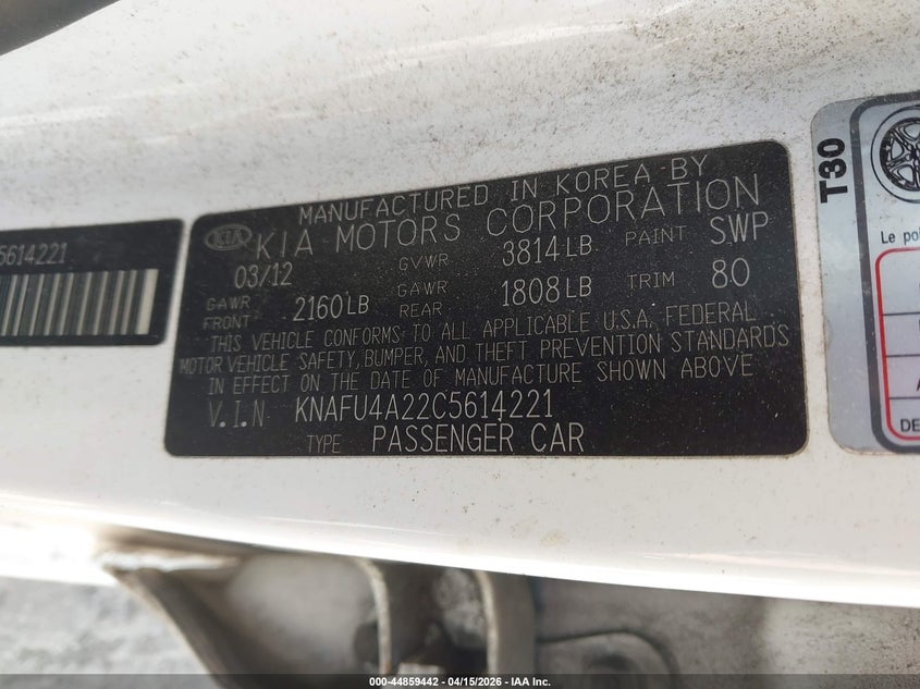 2012 Kia Forte Ex VIN: KNAFU4A22C5614221 Lot: 44859442