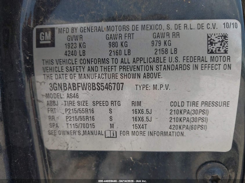 2011 Chevrolet Hhr Lt VIN: 3GNBABFW8BS546707 Lot: 44859446